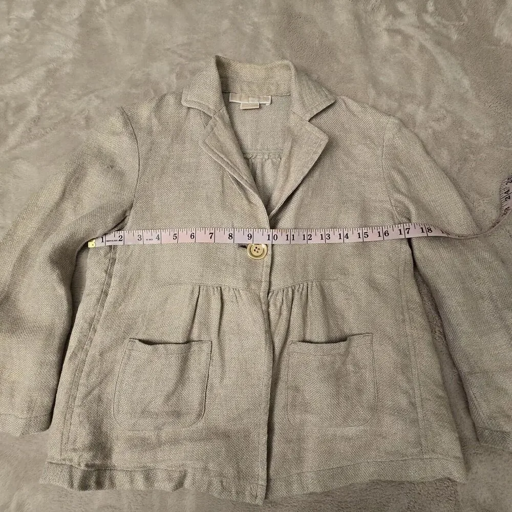 Michael Kors Tan Gold Button Blazer Cropped Length Jacket 100% Linen Sz S Office